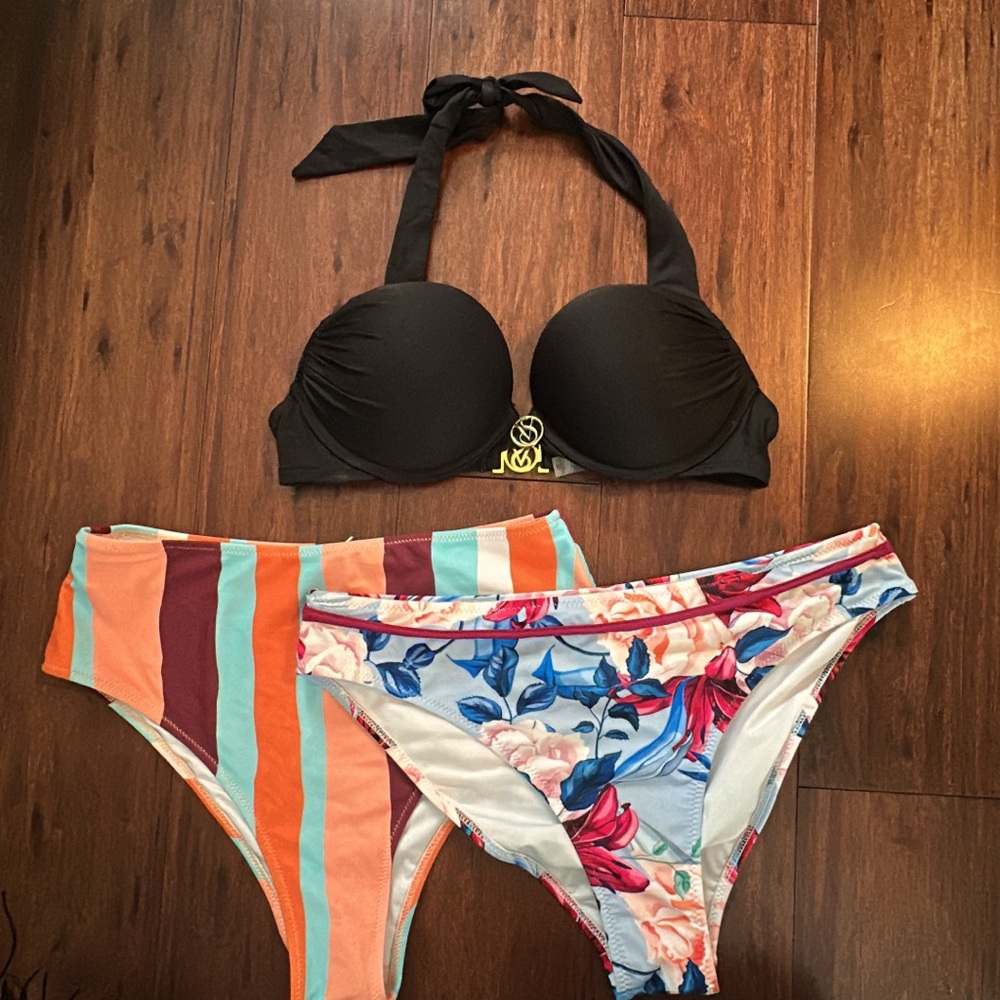 Victoria's Secret Black Halter Bikini Top with Striped and Floral Bottoms